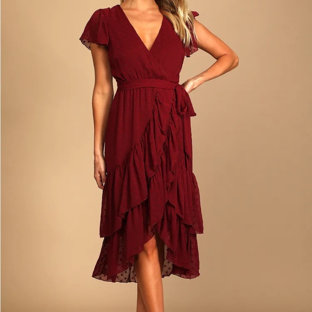 Lulu’s Have Harmony Burgundy Swiss Dot Ruffled Faux Wrap Midi Dress NWT’s Size S